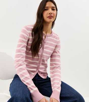 Pink Lightweight Striped Crew Neck Cardigan