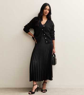 Black Satin Pleated Midi Skirt