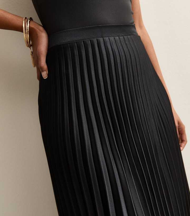 Black Satin Pleated Midi Skirt New Look