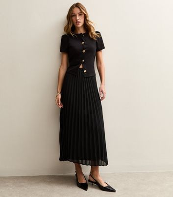 Black Chiffon Pleated Midi Skirt