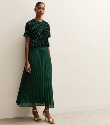 Dark Green Chiffon Pleated Midi Skirt New Look