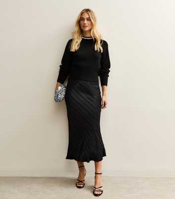 Black Striped Satin Bias Cut Midi Skirt