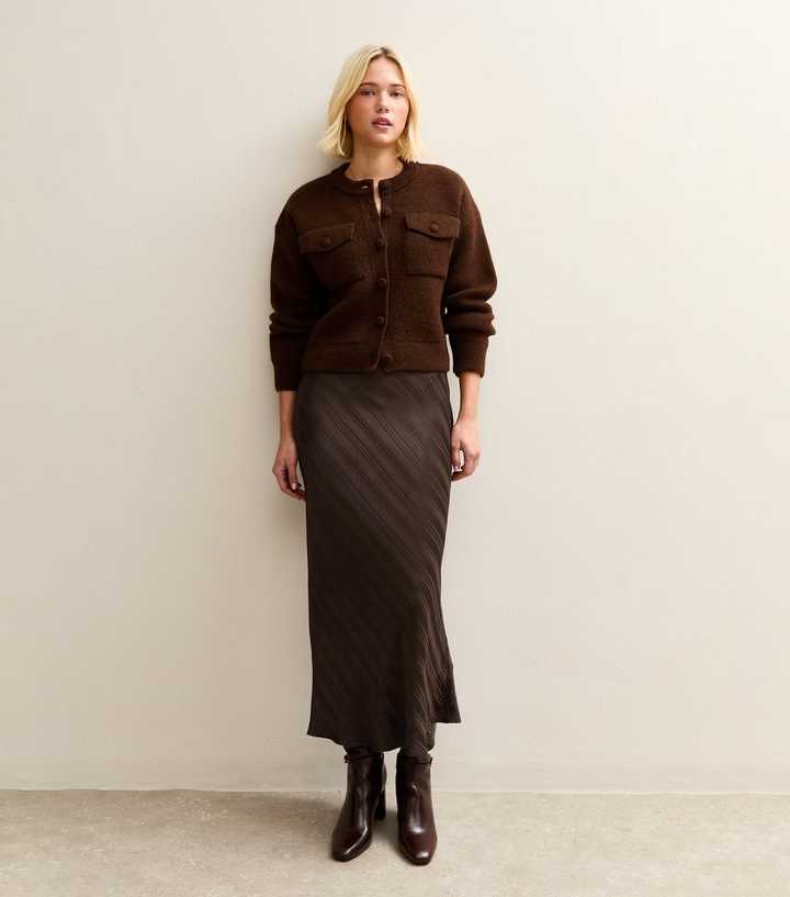 Dark Brown Striped Satin Bias Cut Midi Skirt