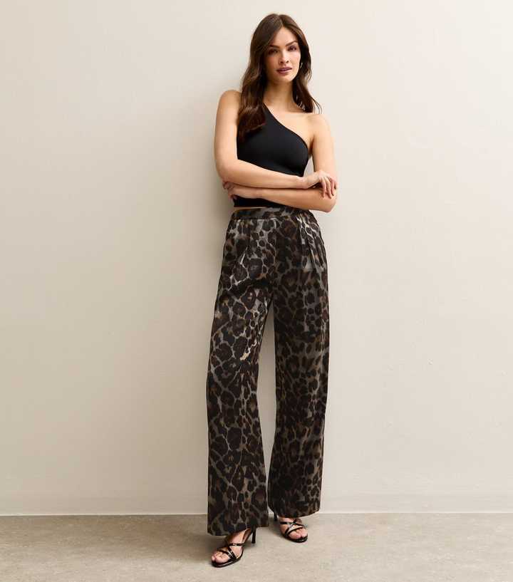 Tall Black Leopard Print Wide Leg Trousers