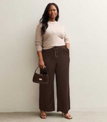 Curves Dark Brown Satin Drawstring Wide Leg Trousers