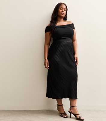 Curves Black Striped Satin Bias Cut Midi Skirt