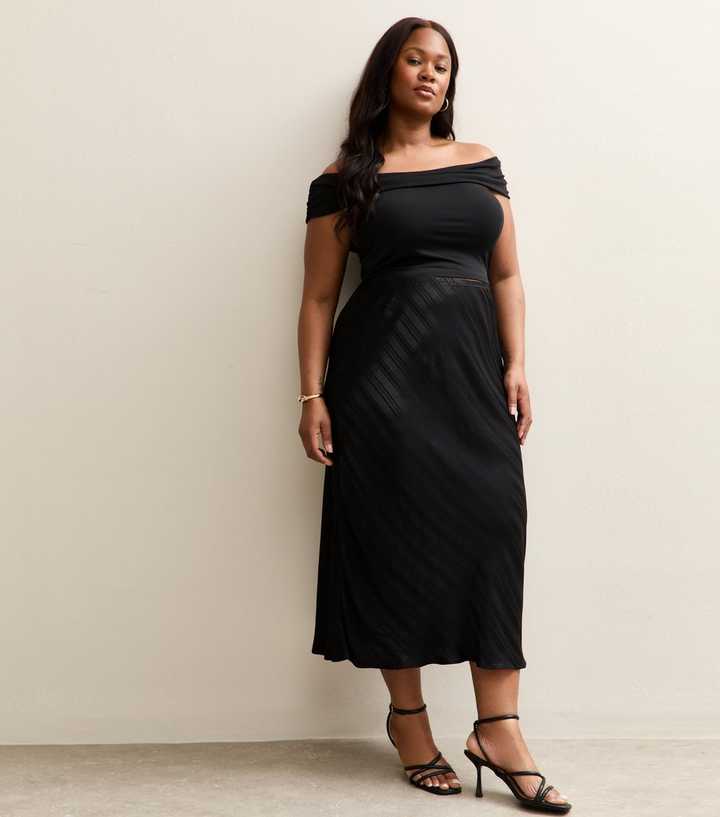 Curves Black Striped Satin Bias Cut Midi Skirt
