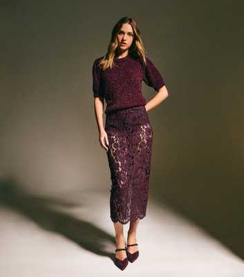 Burgundy Sheer Lace Midi Skirt