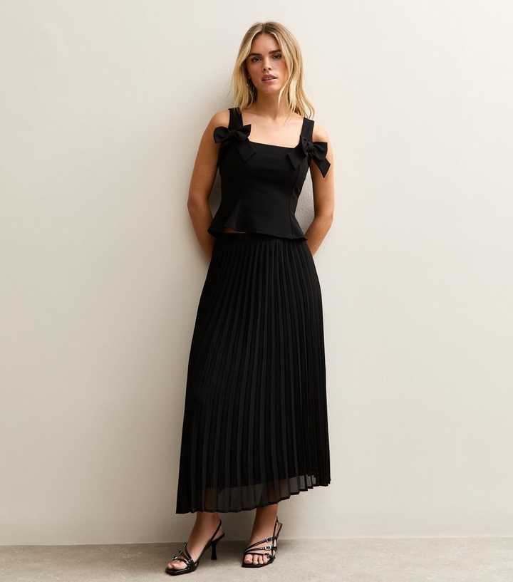 Petite Black Chiffon Pleated Midi Skirt
