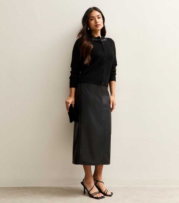 Petite Black Faux Leather Pencil Skirt | New Look