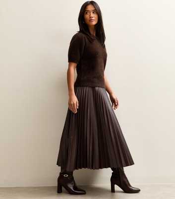 Petite Dark Brown Faux Leather Pleated Midi Skirt