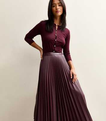 Petite Dark Burgundy Faux Leather Pleated Midi Skirt