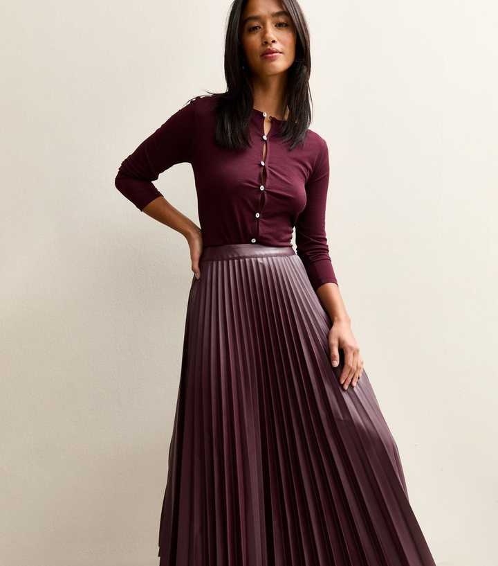 Petite Dark Burgundy Faux Leather Pleated Midi Skirt