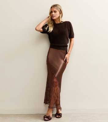 Petite Dark Brown Satin Lace Asymmetric Bias Midi Skirt