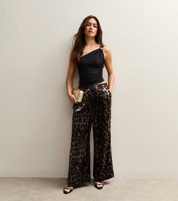 Petite Silver Animal Print Wide Leg Trousers