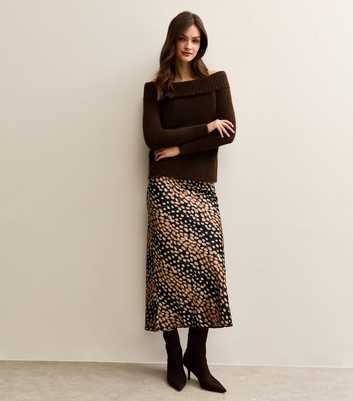 Tall Black Diagonal Spot Print Satin Bias Cut Midi Skirt