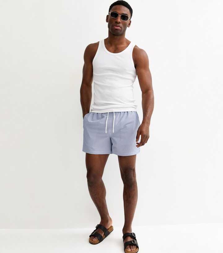 Blue Regular Seersucker Striped Swim Shorts