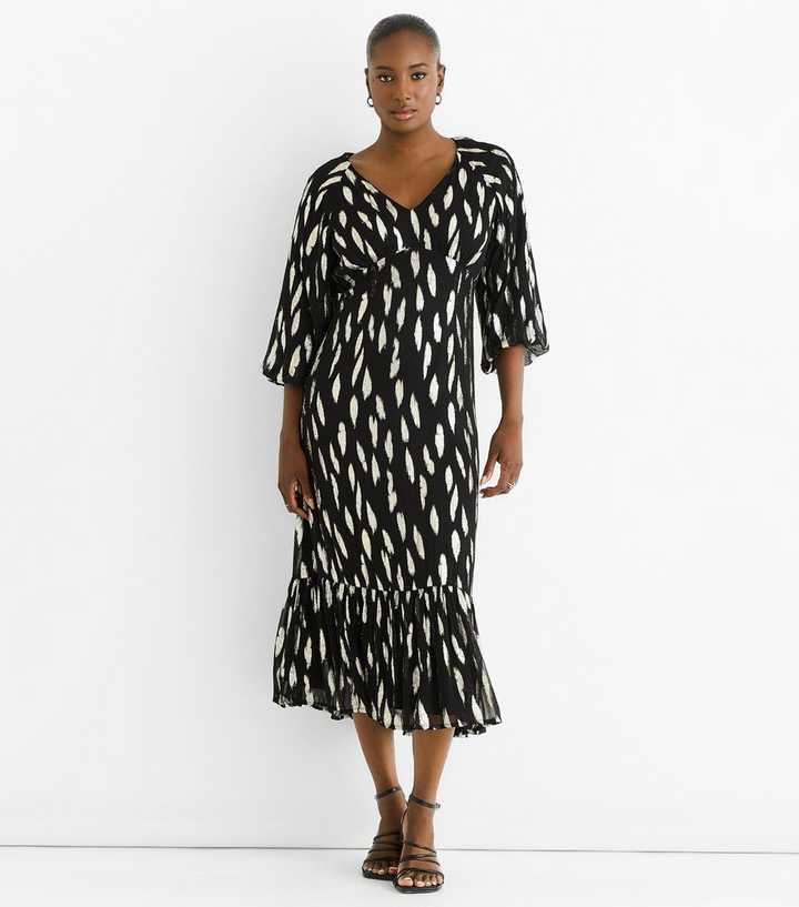 Gini London Black Patterned Gathered Hem Midi Dress