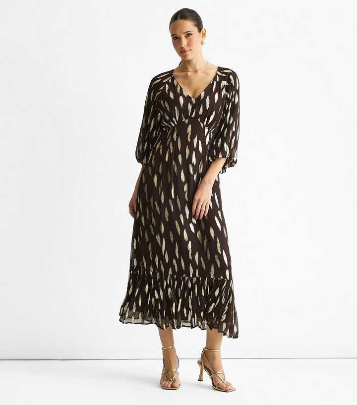 Gini London Black Patterned Gathered Hem Midi Dress
