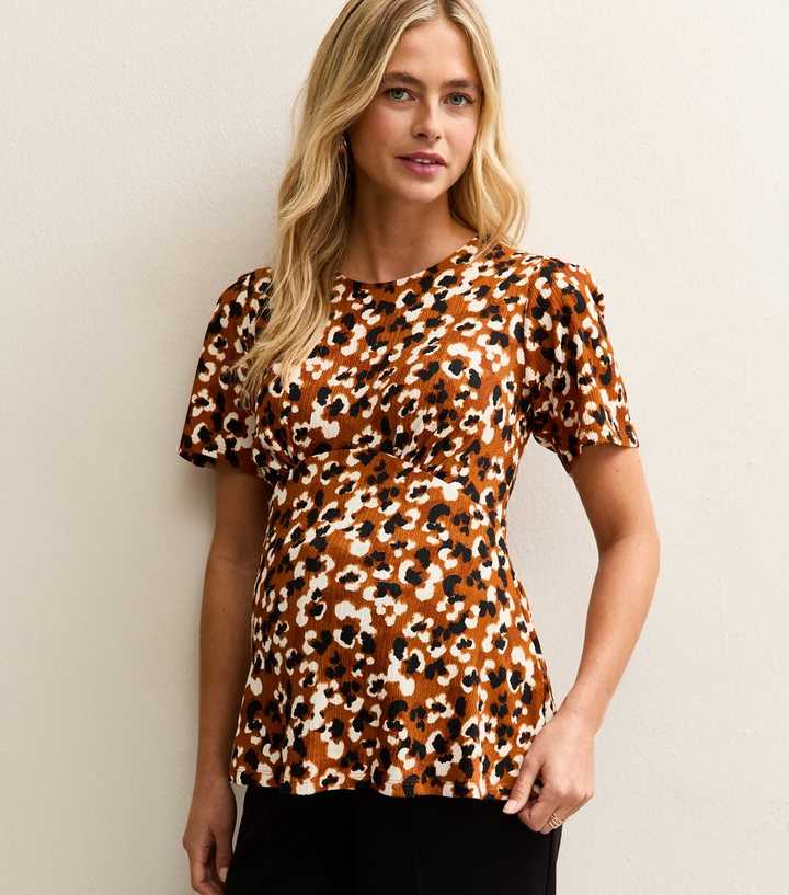 Maternity Brown Floral Textured Half Moon Waist Top