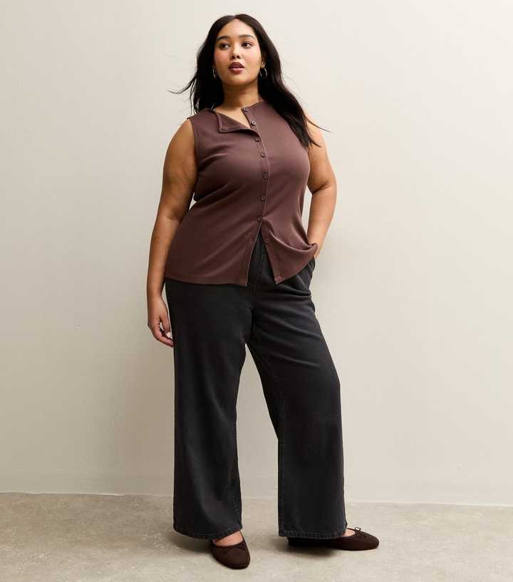 Curves Black Drawstring Waist Pull On Wide Leg Jeans