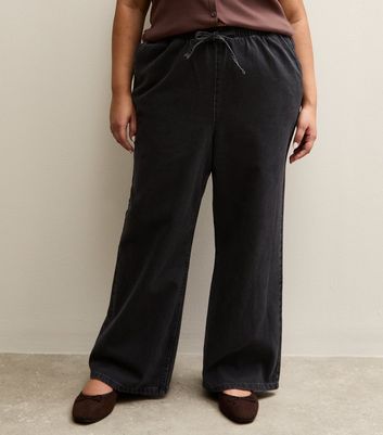 Curves Black Drawstring Waist Pull On Wide Leg Jeans | New Look