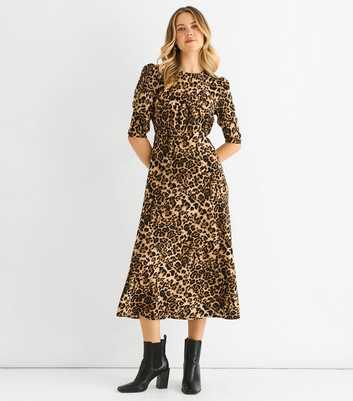 Gini London Brown Leopard Print Puff Sleeve Midi Dress