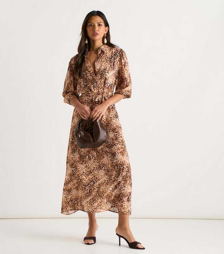 Gini London Tan Animal Print Shirt Midi Dress