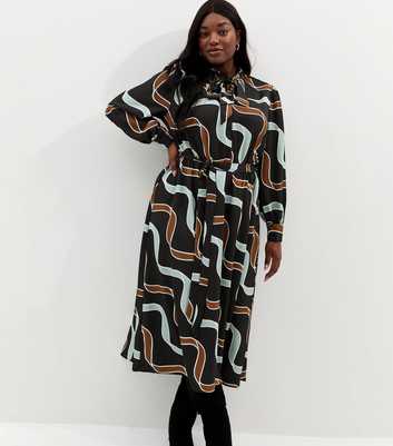 Curves Blue and Brown Ribbon Long Sleeve Pussybow Midi Dress