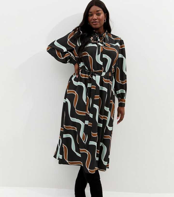 Curves Blue and Brown Ribbon Long Sleeve Pussybow Midi Dress