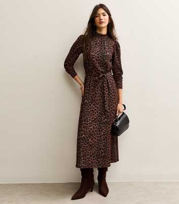 Brown Animal Print High Neck Midi Dress