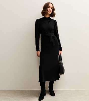 Black Crinkled High Neck Midi Dress