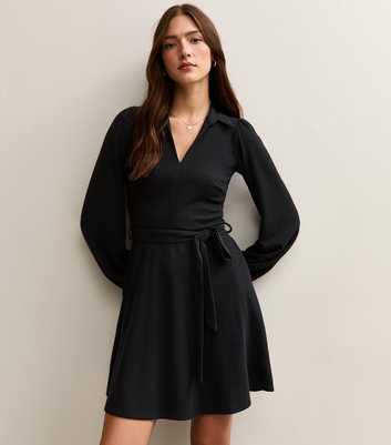 Black Crinkled Long Sleeve Mini Dress