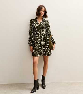Green Spotty Crinkled Long Sleeve Mini Dress