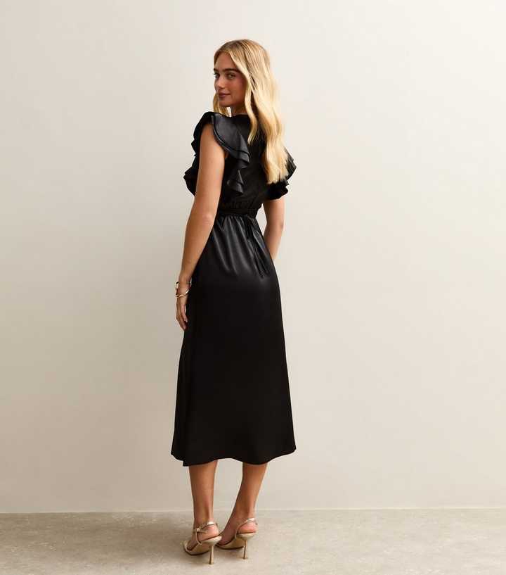 new look ruffle sleeve satin midi dress Black Satin Ruffled Sleeve Midi Dress