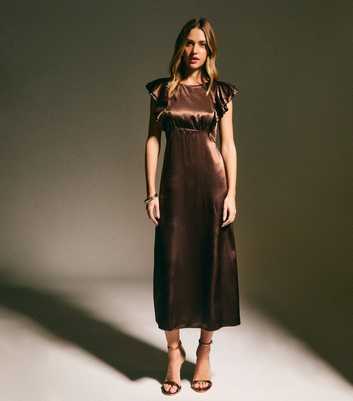 Dark Brown Satin Ruffled Sleeve Midi Dress