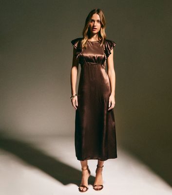 brown satin midi dress with sleeves Brown Lace Trim Aida Midi Dress