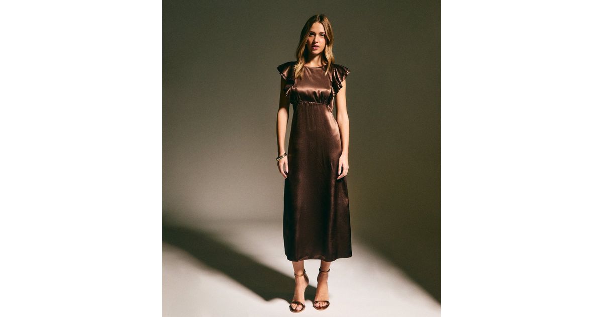 Dark Brown Satin Ruffled Sleeve Midi Dress New Look