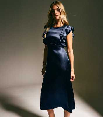 Navy Satin Ruffled Sleeve Midi Dress