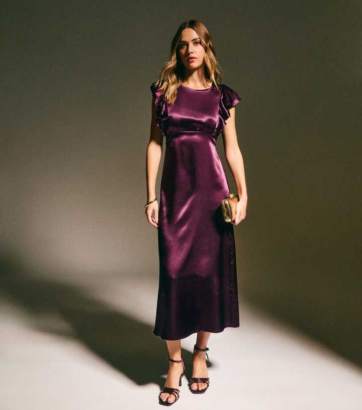 Dark Burgundy Satin Ruffled Sleeve Midi Dress