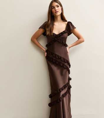 Dark Brown Satin Ruffled Trim Midi Dress
