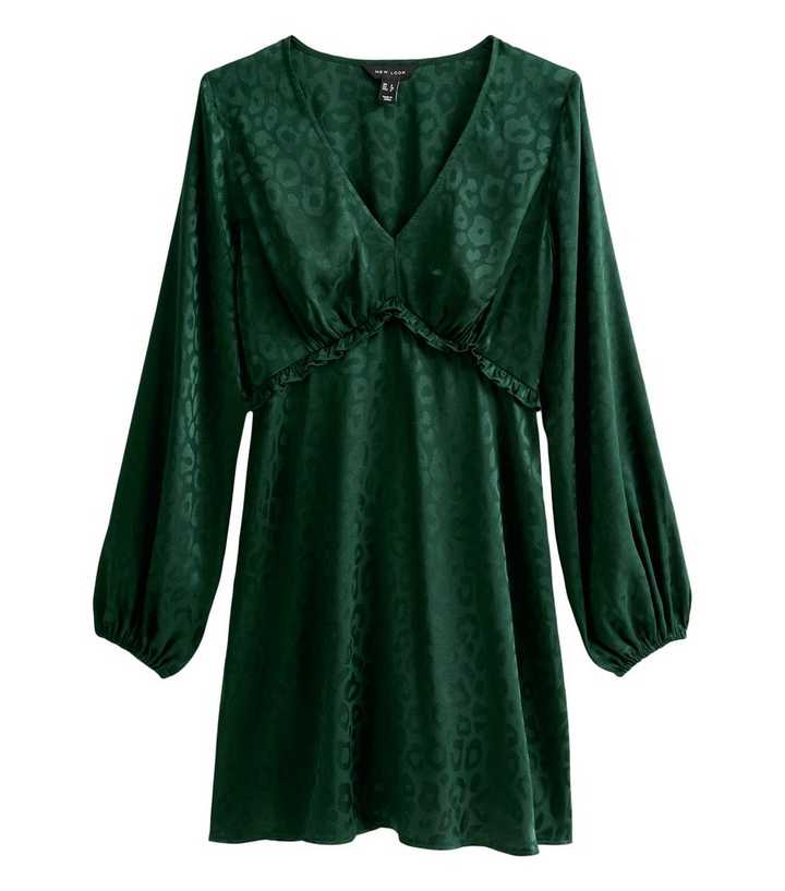 Dark Green Satin Long Sleeve Mini Dress | New Look