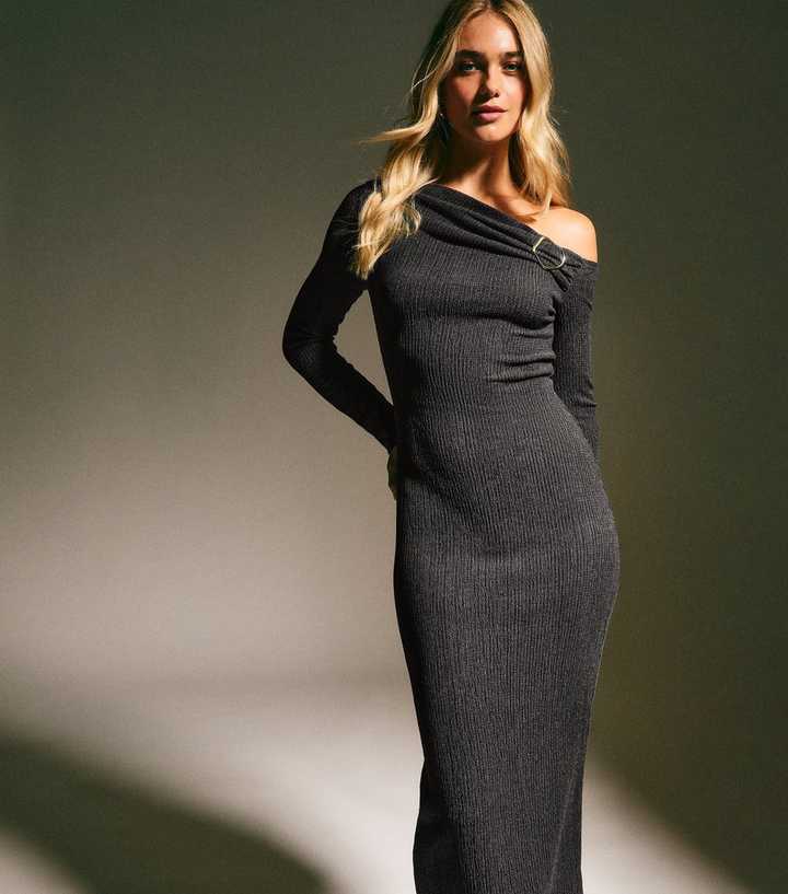 Black Textured Off The Shoulder Midi Dress