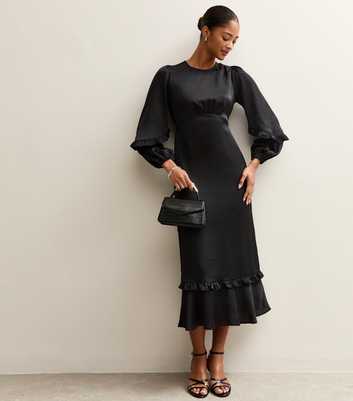 Black Satin Frill Trim Midi Dress