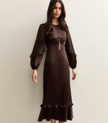 Dark Brown Satin Frill Trim Midi Dress