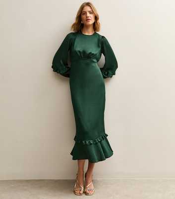 Dark Green Satin Frill Trim Midi Dress