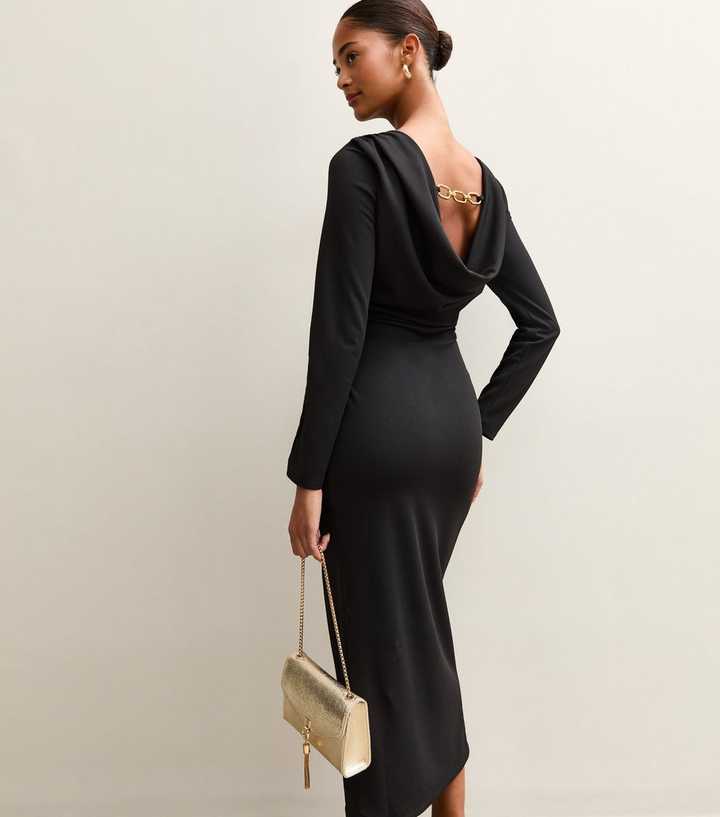 Black Cowl Back Chain Trim Midi Dress