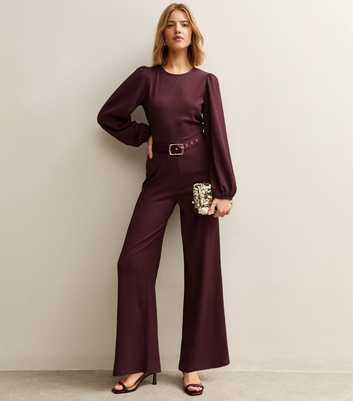 Dark Burgundy Belted Wide Leg Jumpsuit