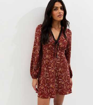 Red Paisley Print Long Sleeve Mini Dress