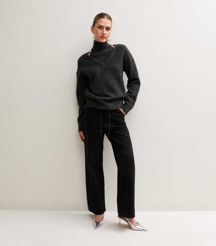 Black Cotton Drawstring Wide Leg Jeans